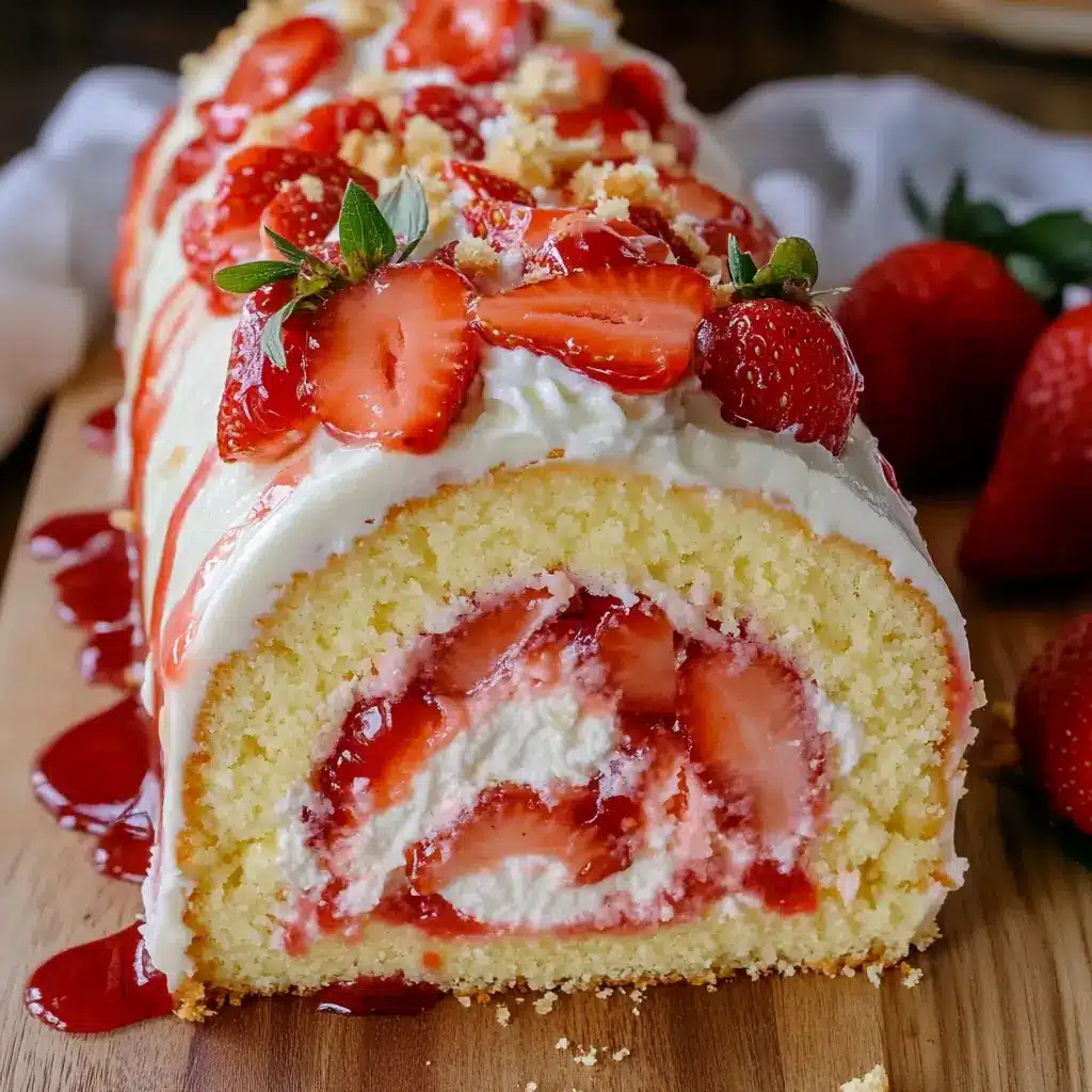 Gluten-free strawberry Swiss roll cake with cream filling and fresh strawberry topping