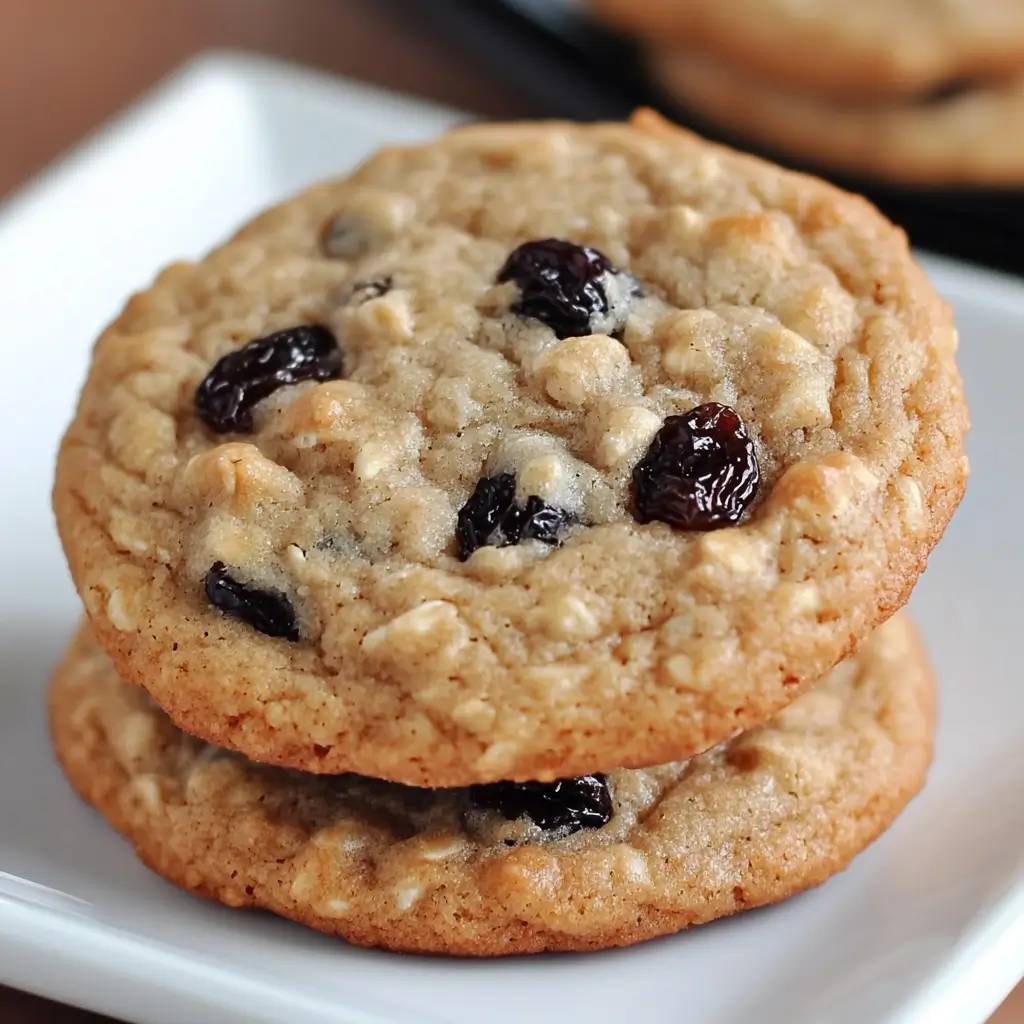 Soft and chewy gluten-free oatmeal raisin cookies stacked on a white plate
