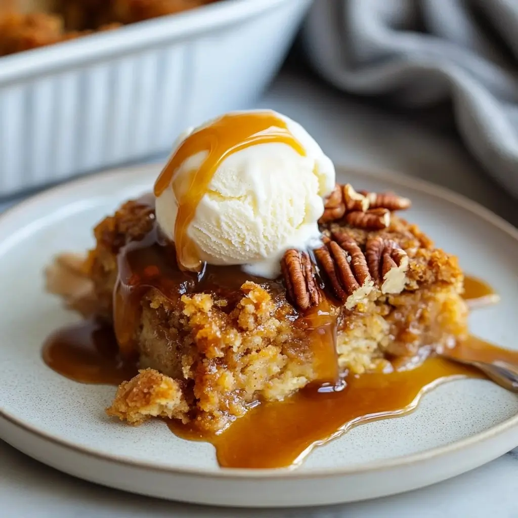 gluten free pumpkin dump cake slice on plate