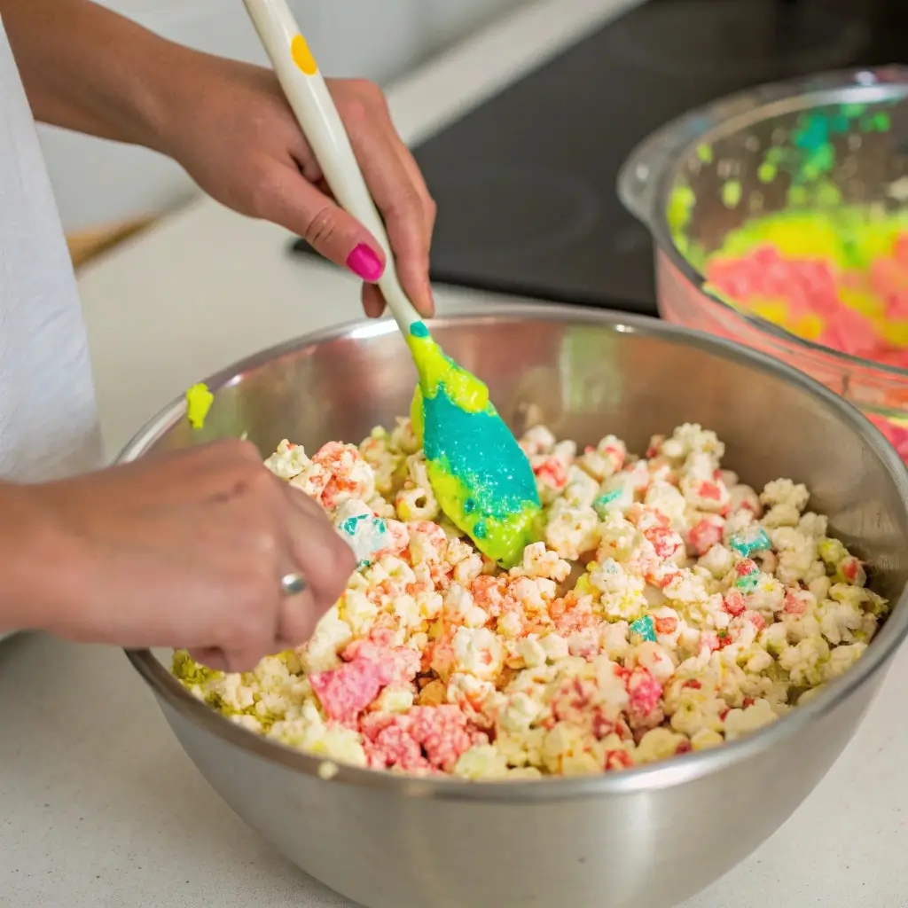 hands-mixing-neon-colored-candy-coating-into-popco coating popcorn with neon glaze for candy bombs