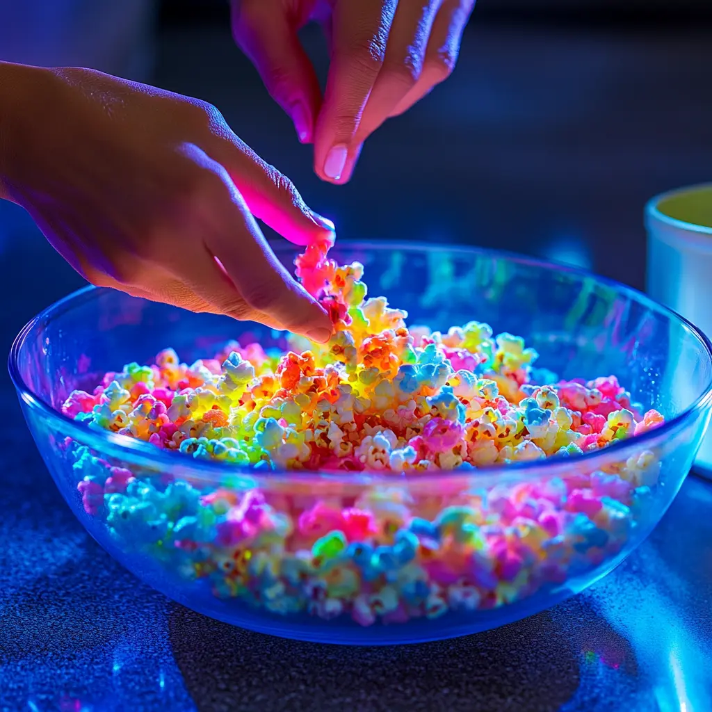 mixing-popcorn-neon-glaze coating popcorn with neon glaze for candy bombs