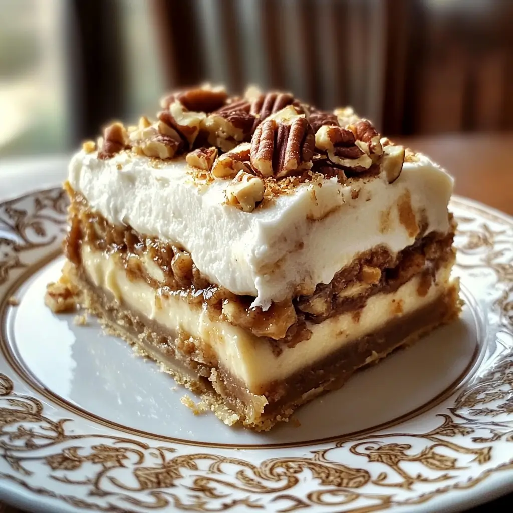 pecan-pie-lasagna-serving lice of pecan pie lasagna presented on a plate