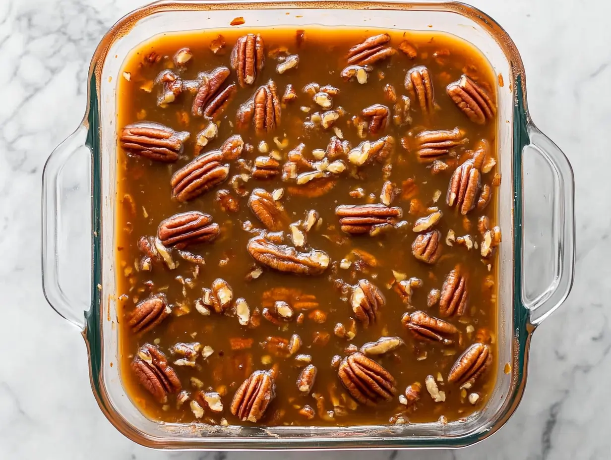 pecan-pie-lasagna-step3 Combine the chopped pecans, brown sugar, maple syrup, and melted butter in a saucepan