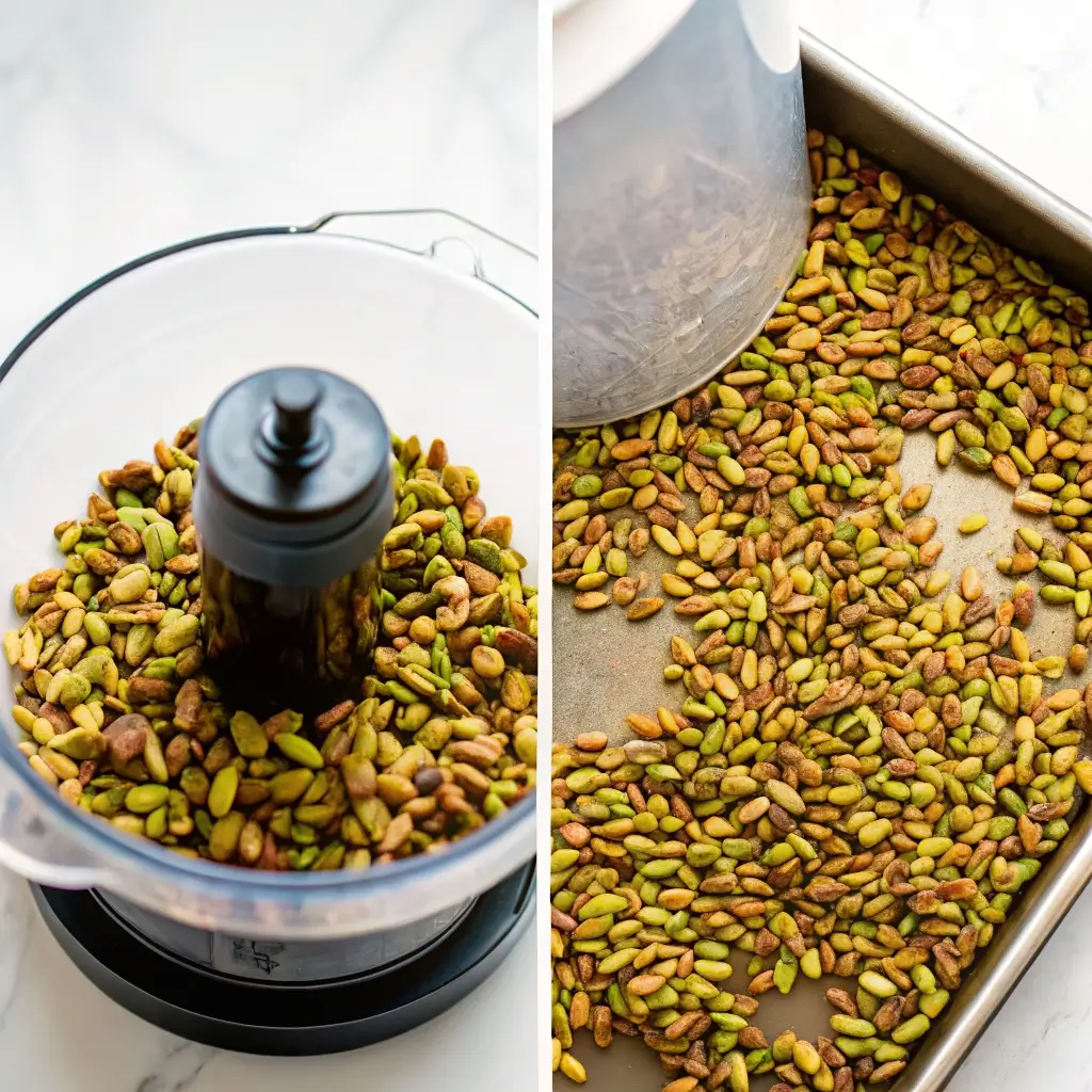 toasted-pistachios-in-food-processor preparing toasted pistachio butter